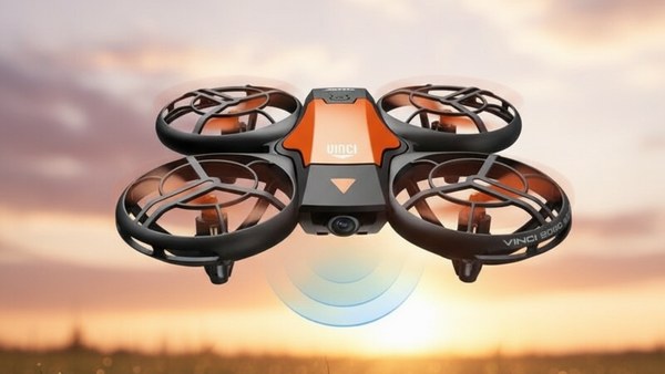 Mini Drone AeroX Vinci orange décollage ciel coucher de soleil ascendant