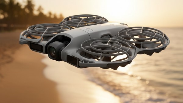 DJI Neo 2 cameraman aérien côte mer plage golden hour seascape