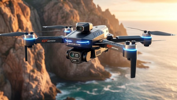 Drone Lenovo GT8 Pro hover côte rocheuse lever soleil paysage marin premium
