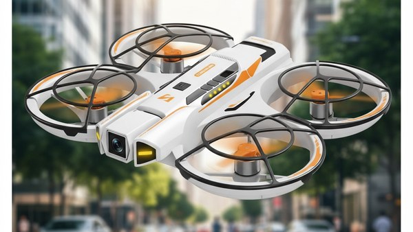 Mini drone LS-A21 Pro blanc orange vol urbain rue immeubles ville lifestyle