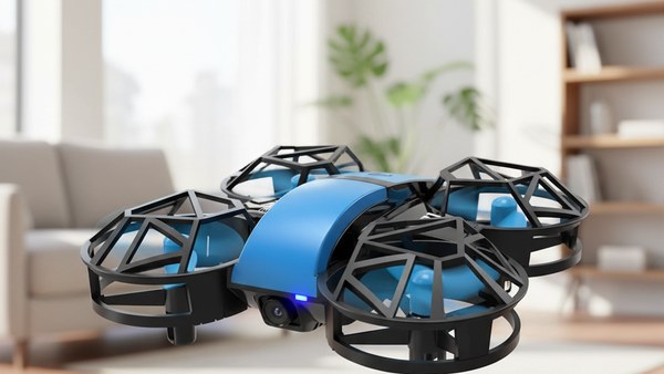 Drone Dowellin D12 bleu vol stationnaire salon intérieur cages hexagonales noires