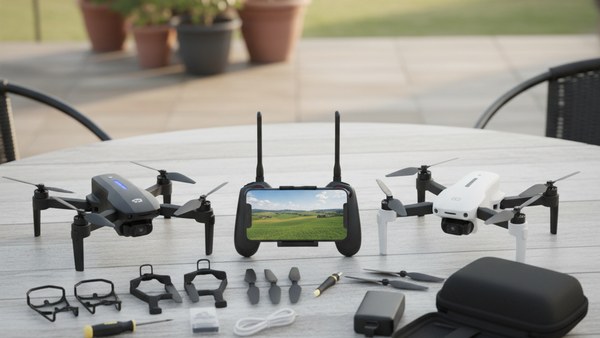 Drone E88 Pro pack noir blanc accessoires sacoche ponton showcase duo