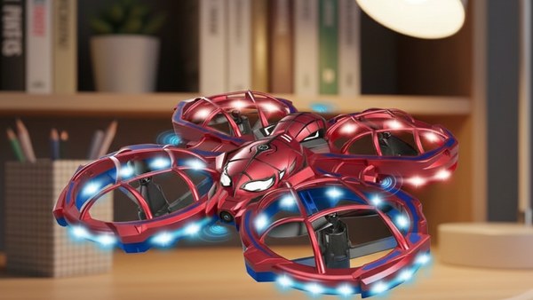 Mini Drone Spider rouge vol stationnaire bureau lumière intérieur
