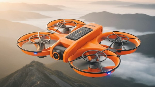 Drone S156 Orange vol stationnaire crete montagne golden hour