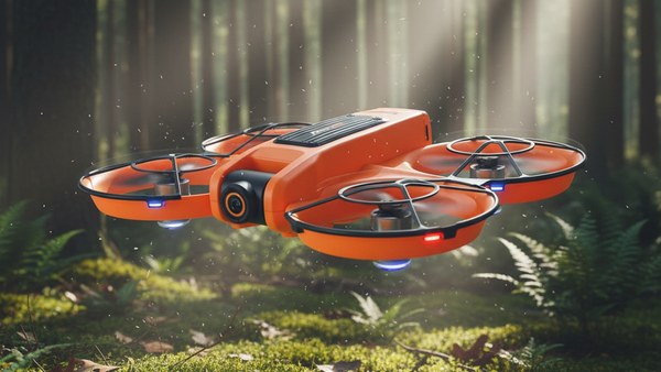 Drone S156 Orange vol stationnaire foret rayons lumiere dapple