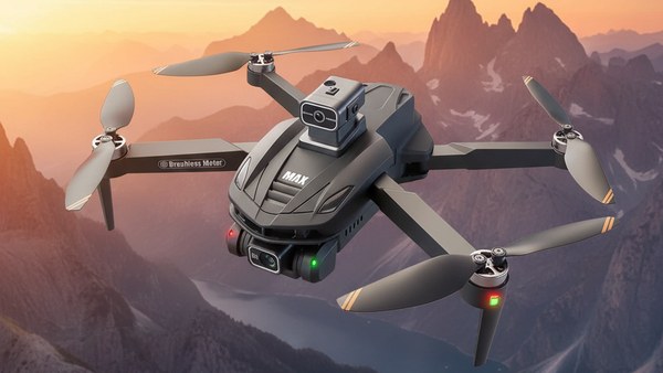 Drone V168 Pro Max vol coucher soleil montagne paysage aérien brushless gimbal