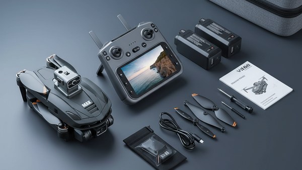 Pack drone V168 Pro Max complet télécommande batterie housse hélices accessoires
