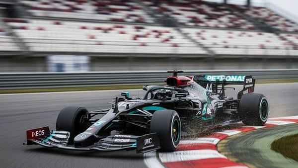 F1 RC Mercedes vibreurs rouges blancs circuit virage attaque pleine vitesse