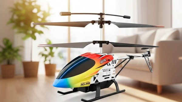 Hélicoptère M5 multicolore vol stationnaire salon lumineux moderne canapé plantes