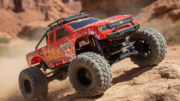 Monster Truck Titan Max 10 rouge franchissement rochers desert pente