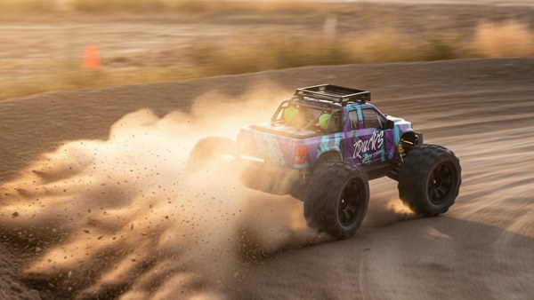 Monster Truck Titan Max 10 violet drift virage piste terre nuage poussière