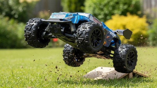 Wild-Track 20 version bleue électrique en plein saut au-dessus d'une bosse de jardin