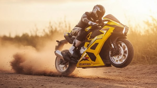 Moto RC Racer 16 jaune saut bosse terre pleine air pilote integre acrobatique