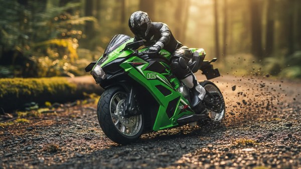 Moto RC Racer 16 vert virage incline gravier serre pilote knee slider