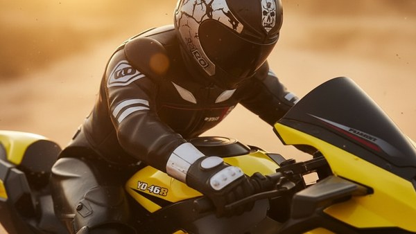 Moto RC Racer 16 jaune pilote casque skull cuir noir closeup integre figurine