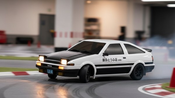 AE86 RC en contre-braquage chirurgical entre les cônes d'une piste de drift indoor