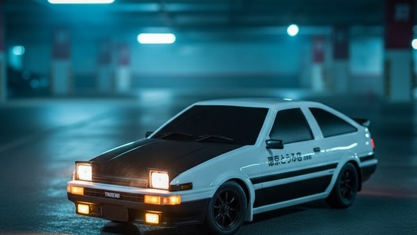 Phares pop-up LED rétractables déployés de la AE86 dans un parking underground nocturne