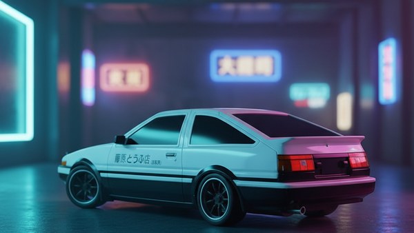 Vue 3/4 arrière de l'AE86 Trueno baignée dans une ambiance néon cyan magenta JDM