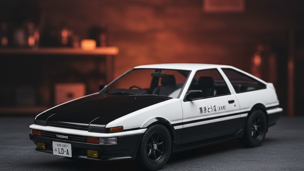Hero studio AE86 Panda livery statique sur sol slate sombre — réplique scale premium