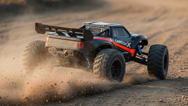 Truggy Carbon-X 12 drift virage piste terre nuage poussière golden hour