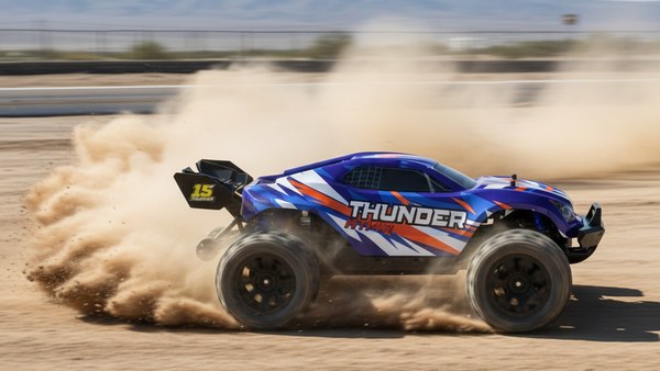 Truggy RC Kinetic-X 3S Thunder bleu accélération piste dust 100 km/h