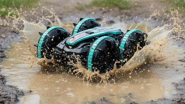 Voiture RC Cascadeuse Amphibie V2 turquoise traverse boue flaque projection