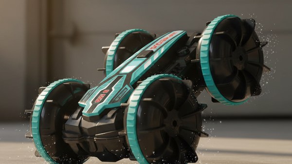Voiture RC Cascadeuse Amphibie V2 turquoise renversée roule à l'envers indoor
