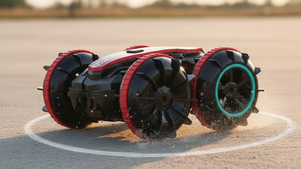 Voiture RC Cascadeuse Amphibie V2 rouge rotation 360 béton sec poussière