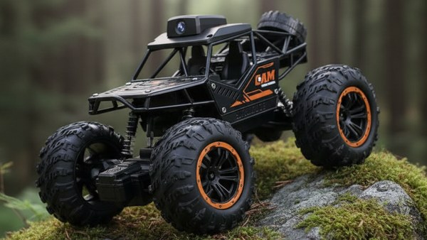 4x4 RC Explorer crawler noir orange caméra FPV rocher mousse forêt