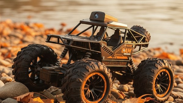 4x4 RC Explorer crawler bord rivière galets feuilles automne golden hour