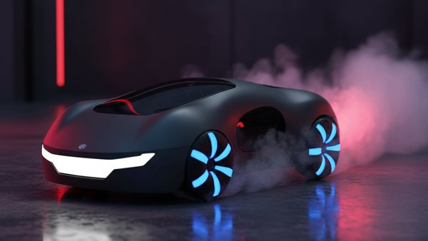 Voiture futuriste noire RC vapeur rouge LED roues bleues cyberpunk salon nuit