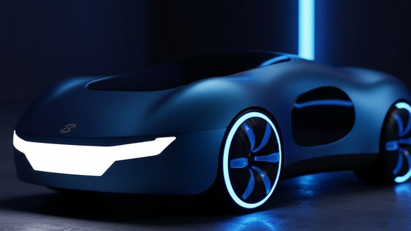 Voiture futuriste bleue macro roue LED bleu jante illuminée carrosserie concept