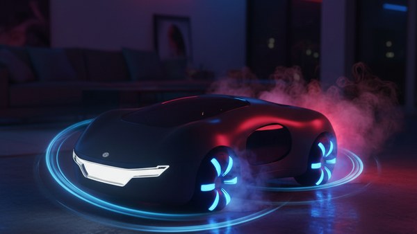Rotation 360 sur place stunt voiture cyberpunk noir LED bleu vapeur cascade