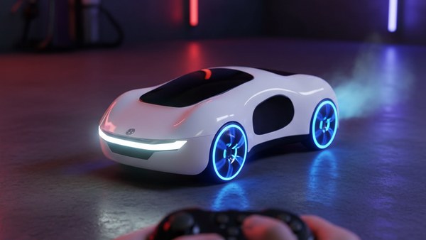Pilotage gamepad télécommande voiture futuriste blanche LED bleu vapeur fumée