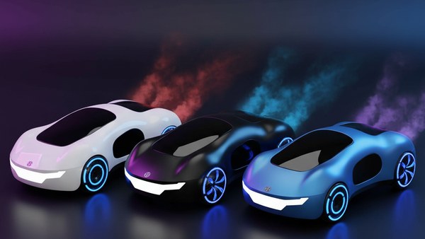 Trio variantes blanc noir bleu voiture futuriste cyberpunk showcase scene neon