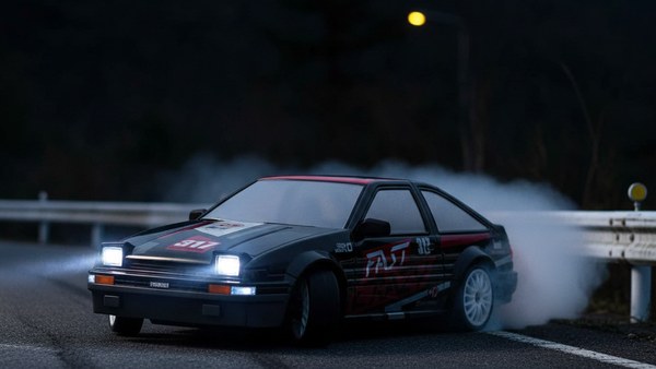 AE86 Trueno noir RC drift touge nuit phares pop-up Initial D Mont Akina