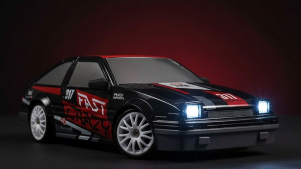 AE86 noir macro carrosserie pop-up phares LED bleu fastback décals FAST CRAZY