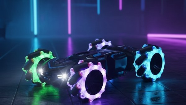Voiture RC Stunt LED Bleu cyberpunk néons multicolores studio sombre