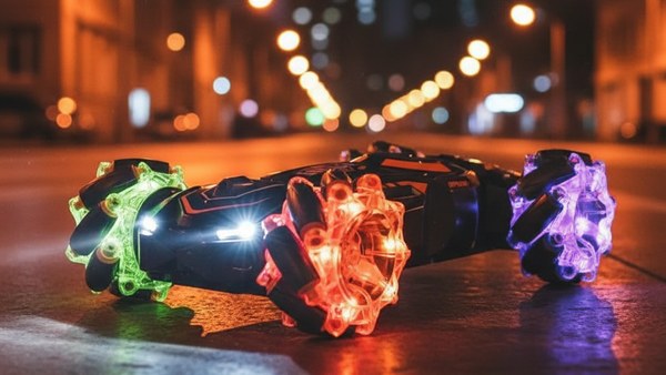 Voiture RC Stunt Orange nuit urbaine pavée lampadaires LED city
