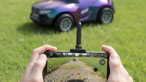Smartphone clipsé télécommande Orus FPV retour vidéo POV direct app pilotage immersif