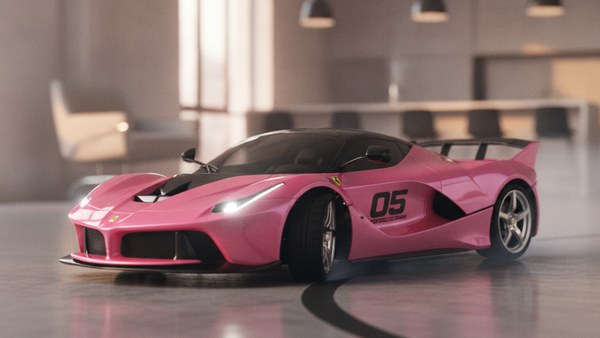 Voiture Ferrari RC rose en pleine dérive sur sol béton ciré d'un loft moderne