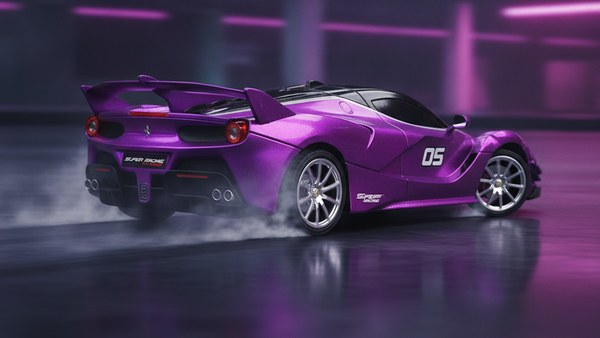 Voiture Ferrari RC violet électrique en dérive contrôlée avec néons magenta en arrière-plan