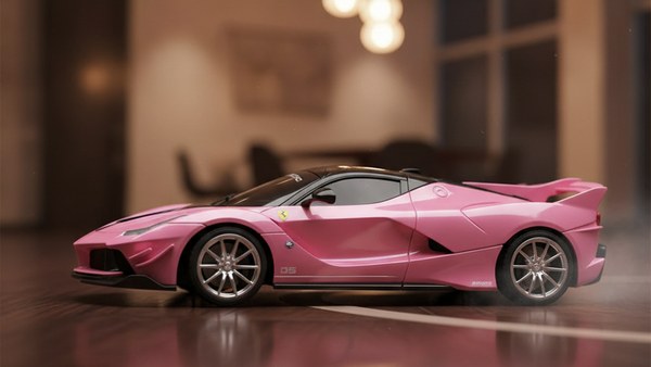 Profil latéral de la voiture RC rose laquée en virage serré indoor