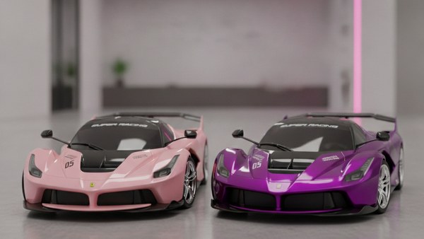 Duo hero des éditions Ferrari RC rose et violet côte à côte dans un intérieur stylisé
